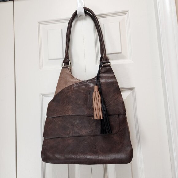 espe hobo style faux leather‎ brown and tan shoulder bag tassels boho - Picture 2 of 16